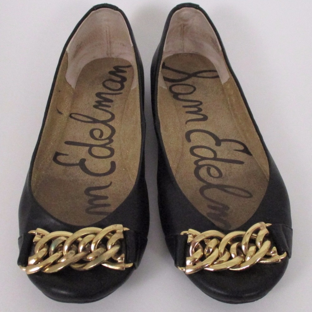 Sam Edelman 7 Black Leather Flats Gold Chain GUC